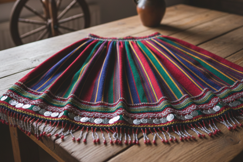 Tradycyjna, rozkloszowana spódnica folk w kolorowe pionowe pasy, leżąca na drewnianym stole.