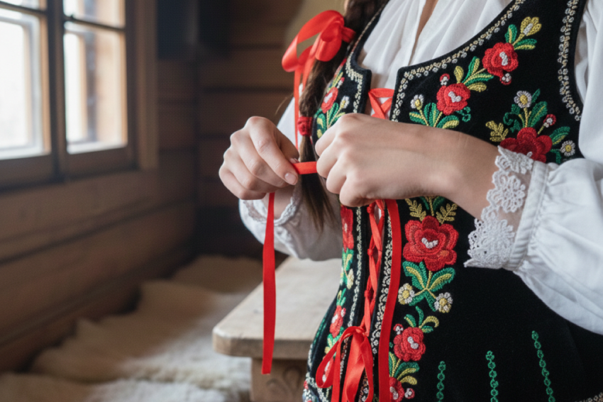 Zbliżenie na czarny gorset góralski zdobiony bogatym, kolorowym haftem w motywy roślinne. Kobieta wiąże czerwoną wstążkę przy gorsecie, a w tle widoczne jest drewniane wnętrze regionalnej izby.