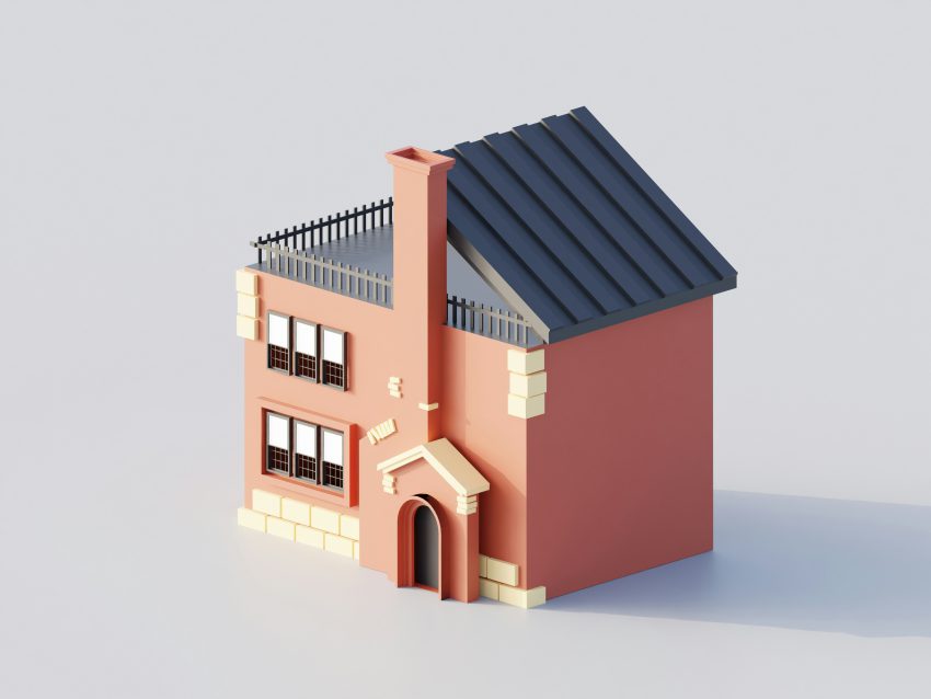 Drugie zdjęcie przedstawia minimalistyczny, trójwymiarowy model domu w odcieniach czerwieni i beżu
