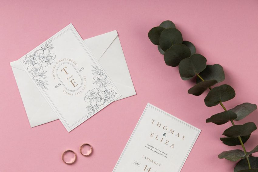 Widok z góry na zaproszenia ślubne złocone z inicjałami pary młodej, leżące na różowym tle obok białej koperty. Obok znajdują się dwie złote obrączki oraz gałązka eukaliptusa.