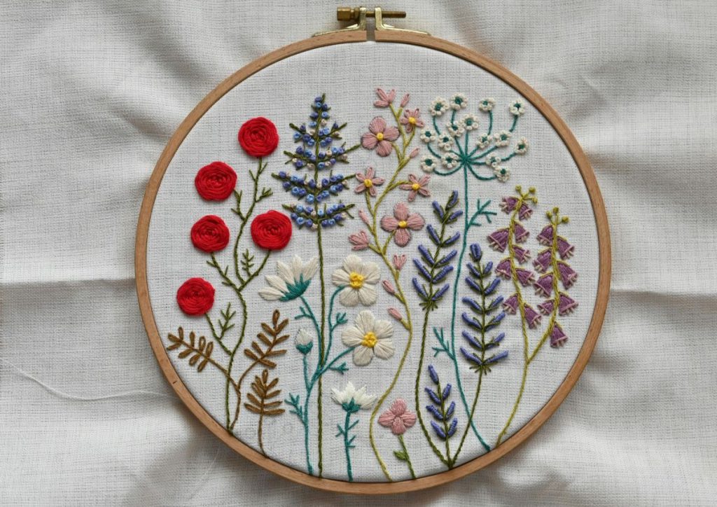 Ręcznie wykonany kolorowy haft kwiatowy na białym materiale w drewnianym tamborku, prezentujący wzory, które zdobią koszulki damskie z haftem.