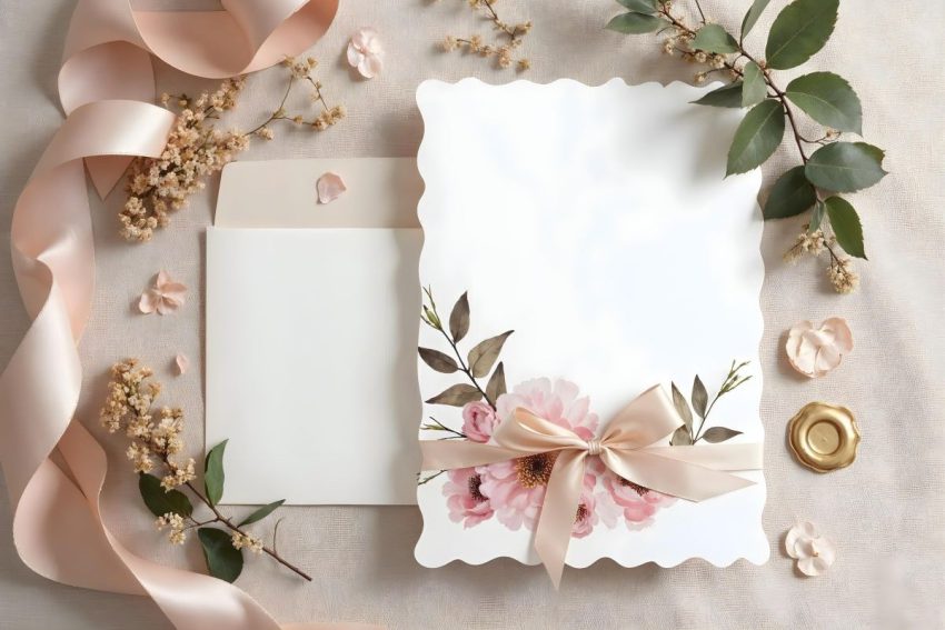 Elegancki biały szablon na zaproszenia komunijne z motywem różowych kwiatów, ozdobną wstążką i kopertą, ułożony na jasnym tle z satynową wstęgą.